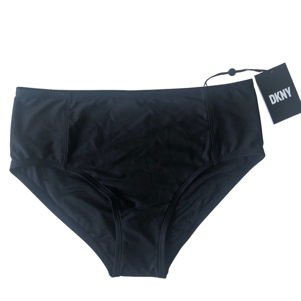 DKNY Retail $58 Black Seamed High-Waist Bikini Swim Bottoms Size Large